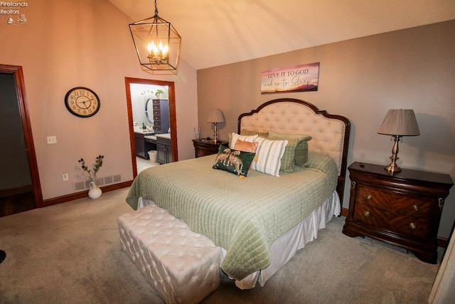 carpeted bedroom with lofted ceiling, connected bathroom, and a chandelier