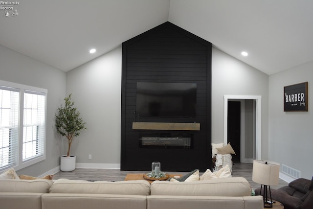 living room featuring lofted ceiling and hardwood / wood-style floors