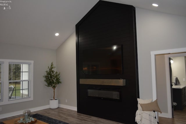 entryway with lofted ceiling, a large fireplace, and hardwood / wood-style floors