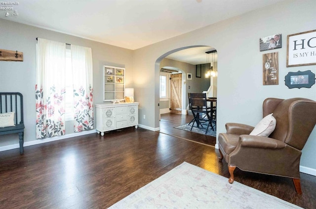 living area with dark hardwood / wood-style floors