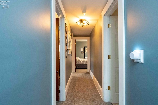 hall featuring light colored carpet