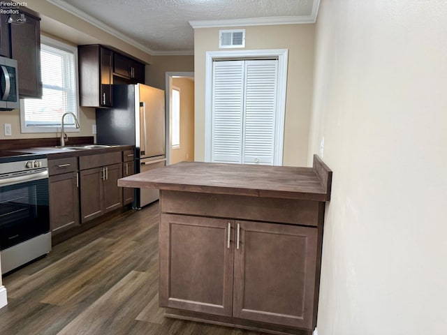 kitchen featuring sink, dark hardwood / wood-style flooring, appliances with stainless steel finishes, dark brown cabinetry, and wood counters