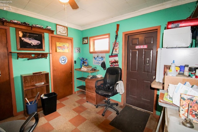 home office with ornamental molding and ceiling fan