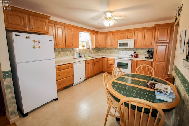 kitchen featuring tasteful backsplash, sink, white appliances, and ceiling fan