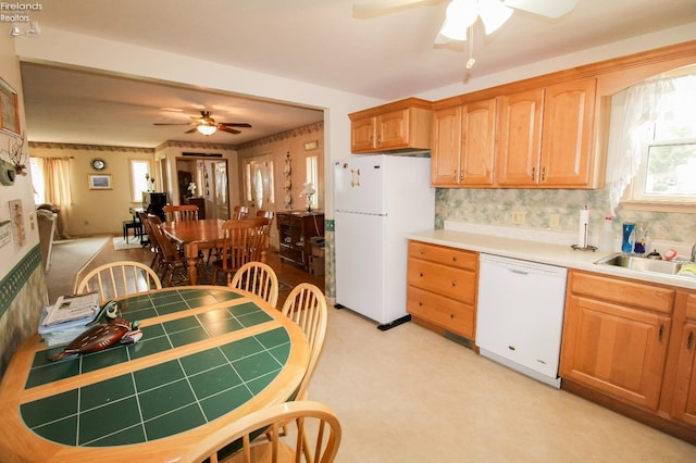 kitchen featuring ceiling fan, white appliances, a healthy amount of sunlight, and sink