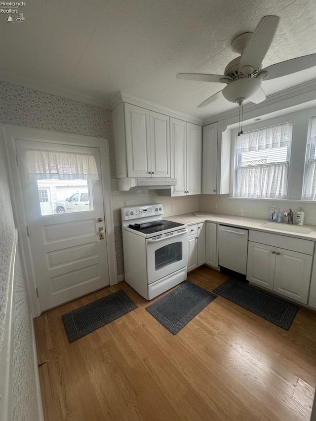 kitchen featuring white cabinetry, light wood-type flooring, dishwasher, a wealth of natural light, and electric stove