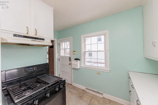 kitchen featuring white cabinetry, black range with gas stovetop, and light tile patterned floors