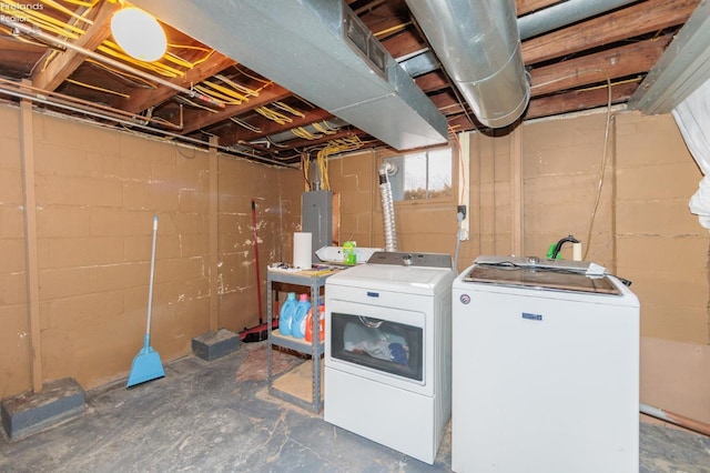 clothes washing area with electric panel and washing machine and dryer