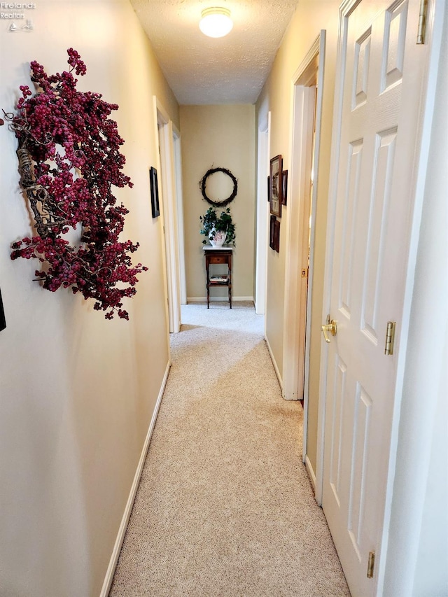 hallway featuring light carpet and a textured ceiling