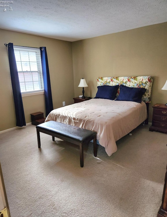 bedroom featuring carpet and a textured ceiling