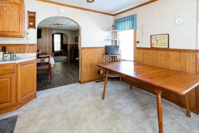 office area featuring ornamental molding, a healthy amount of sunlight, and wooden walls