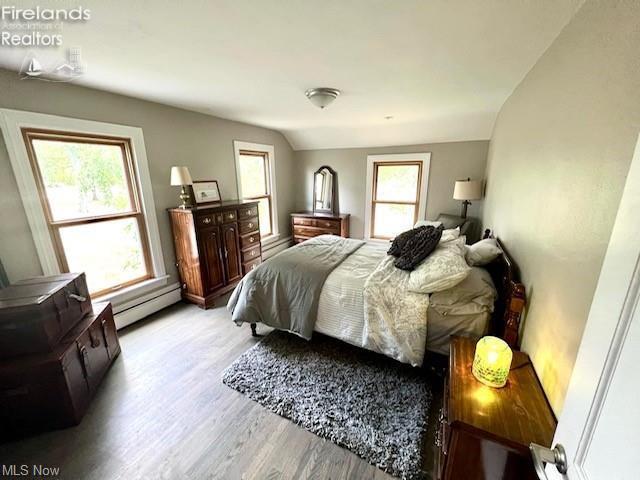 bedroom featuring light hardwood / wood-style floors, vaulted ceiling, multiple windows, and a baseboard heating unit