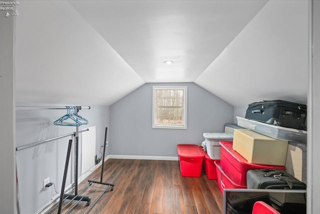 interior space featuring vaulted ceiling and dark hardwood / wood-style floors