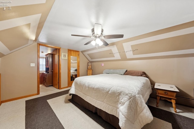 bedroom with ceiling fan, lofted ceiling, and light carpet