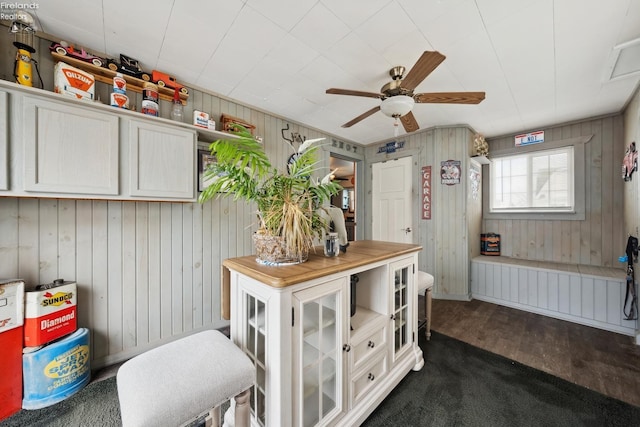 kitchen featuring white cabinetry, radiator, dark wood-type flooring, and ceiling fan