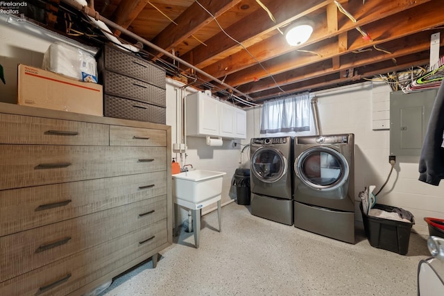 laundry room with cabinets, electric panel, and separate washer and dryer