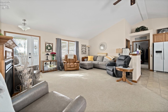 living room featuring light carpet, high vaulted ceiling, ceiling fan, and beam ceiling