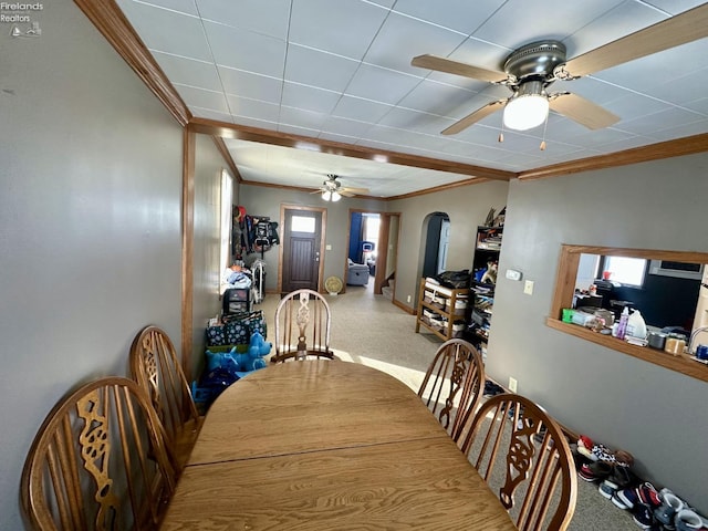 carpeted dining space with ceiling fan and crown molding