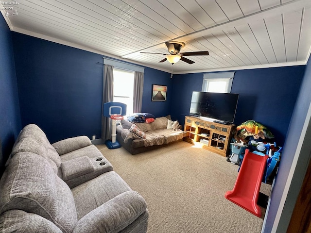 living room with carpet floors, crown molding, and wood ceiling