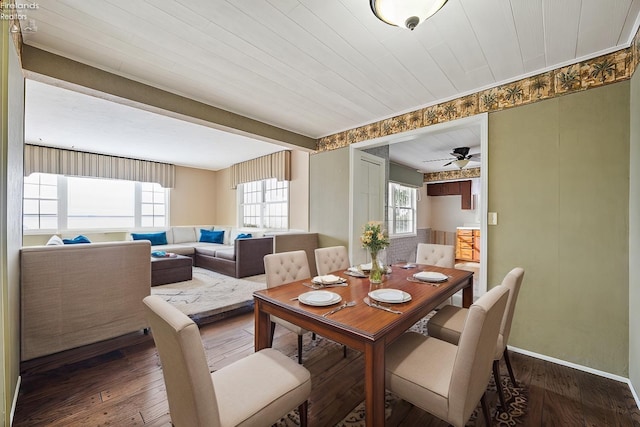 dining room featuring beamed ceiling, dark wood finished floors, a ceiling fan, and baseboards