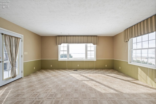 empty room with light carpet, wood walls, a textured ceiling, and wainscoting