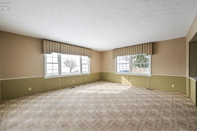 empty room featuring light carpet, wooden walls, a textured ceiling, and wainscoting