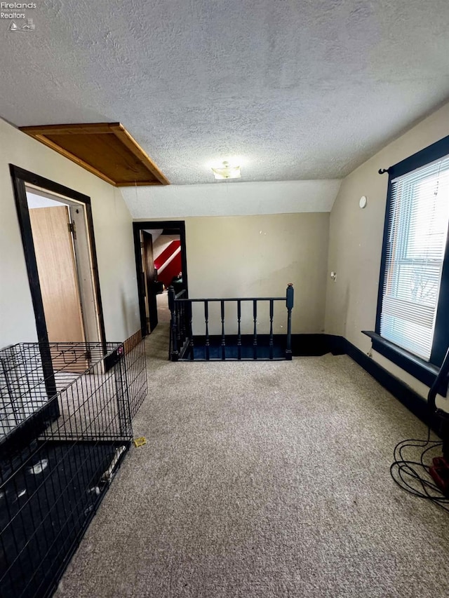 carpeted empty room with lofted ceiling, a textured ceiling, and baseboards