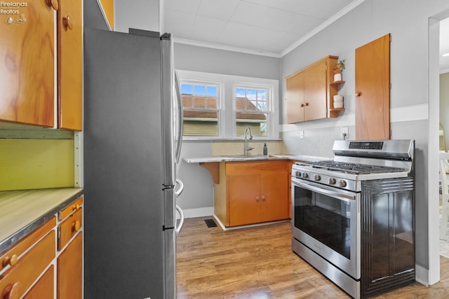 kitchen with ornamental molding, a sink, stainless steel appliances, light wood-type flooring, and backsplash