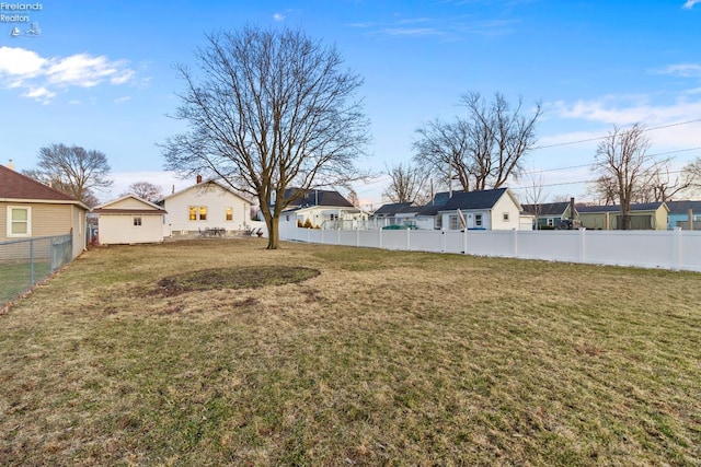 view of yard featuring a fenced backyard and a residential view