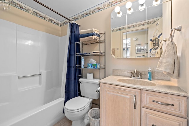 bathroom with vanity, toilet, and shower / tub combo with curtain