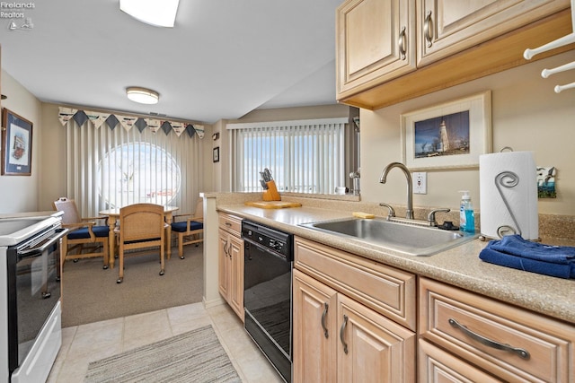 kitchen featuring light carpet, a sink, light countertops, dishwasher, and white electric range oven