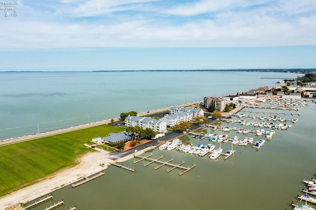 bird's eye view with a water view