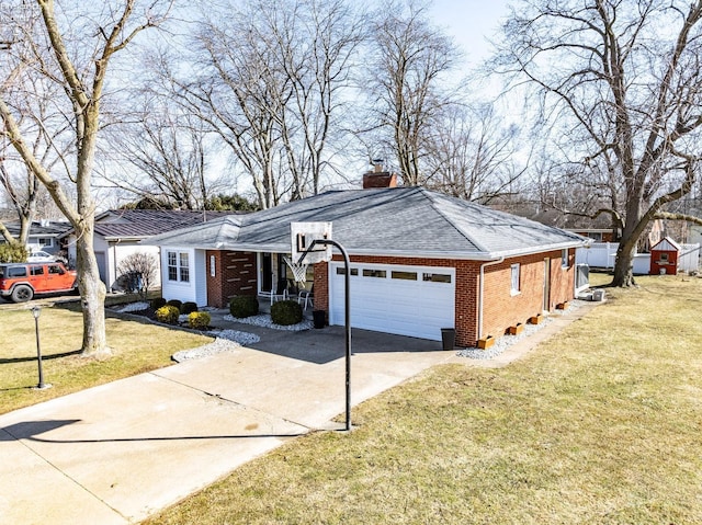 ranch-style house with an attached garage, brick siding, concrete driveway, a front lawn, and a chimney