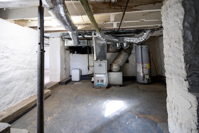 unfinished basement with heating unit and water heater