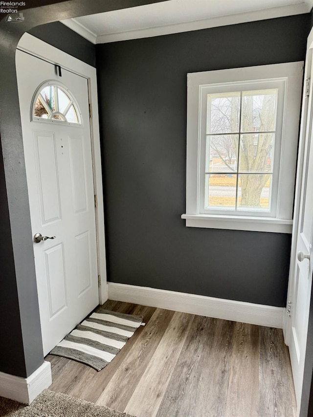 entrance foyer with crown molding, baseboards, and wood finished floors