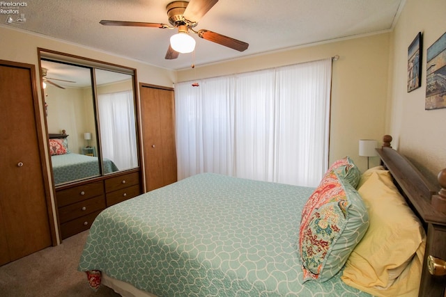 carpeted bedroom with two closets, ceiling fan, and a textured ceiling