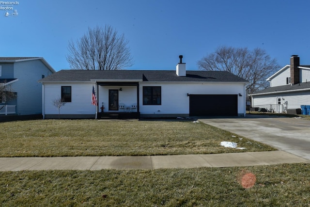 single story home with driveway, a garage, a front lawn, and a porch