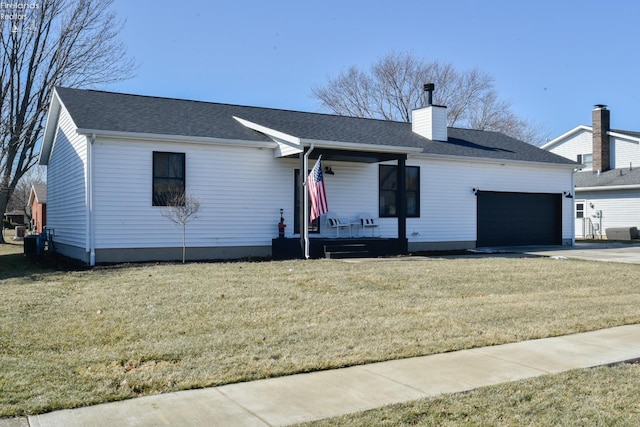 ranch-style house with a garage, covered porch, a chimney, and a front lawn