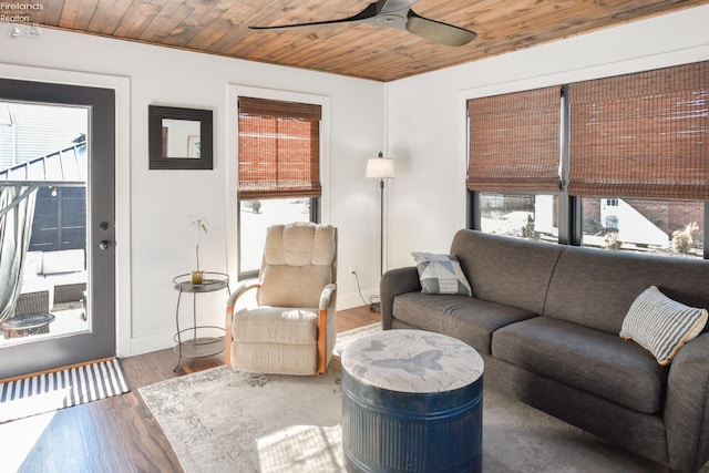 living area featuring wooden ceiling, plenty of natural light, and wood finished floors