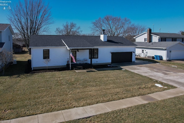 ranch-style house with a chimney, a shingled roof, concrete driveway, a front yard, and a garage