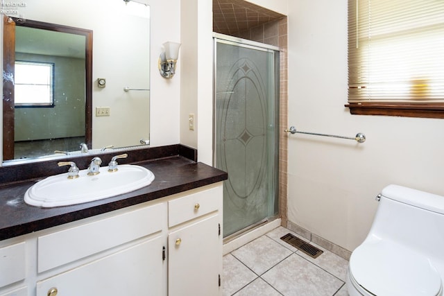 bathroom with visible vents, toilet, a shower stall, vanity, and tile patterned flooring