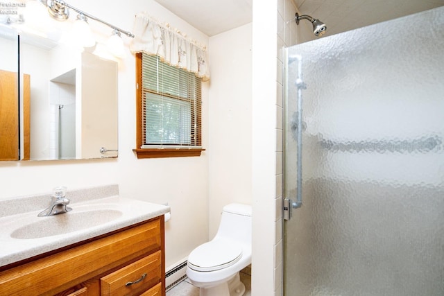 full bath featuring a stall shower, a baseboard radiator, vanity, and toilet