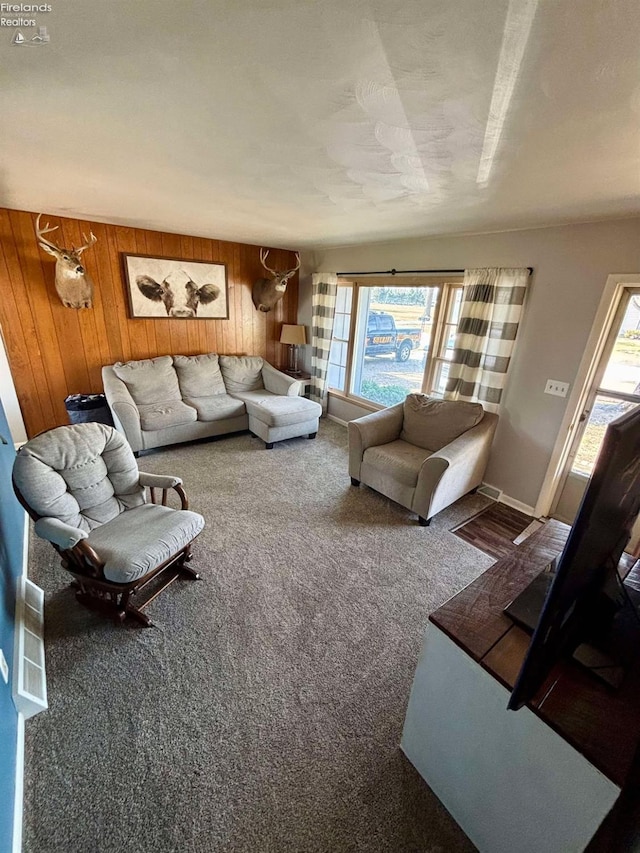 carpeted living area with wood walls