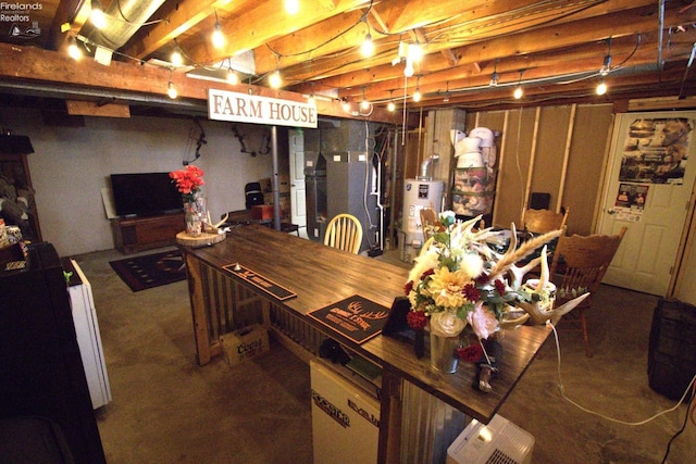 unfinished basement featuring heating unit and gas water heater