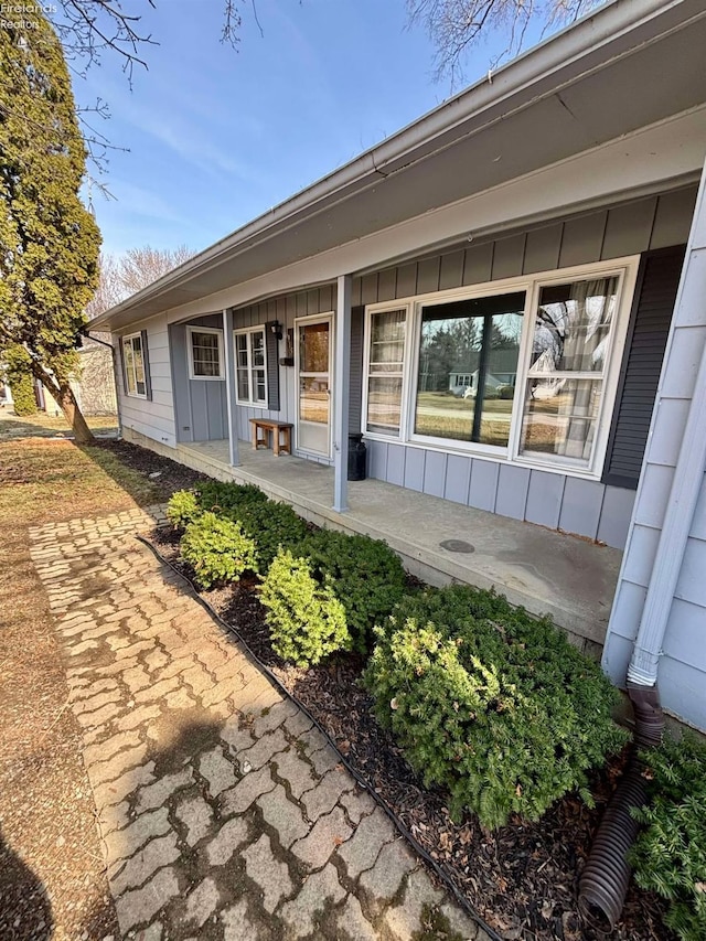 view of exterior entry featuring covered porch and board and batten siding