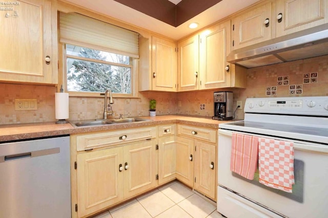 kitchen featuring under cabinet range hood, a sink, stainless steel dishwasher, tasteful backsplash, and white range with electric cooktop