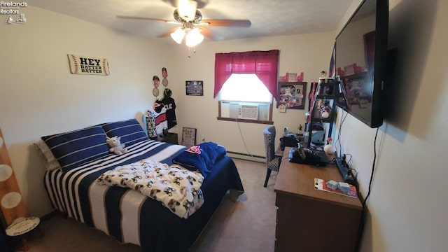 bedroom featuring cooling unit, a baseboard heating unit, ceiling fan, and carpet flooring