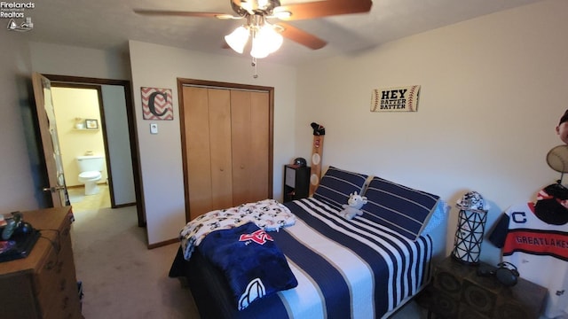 bedroom with carpet, a ceiling fan, and a closet