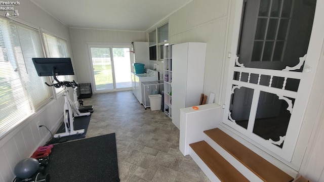 kitchen featuring stone finish floor