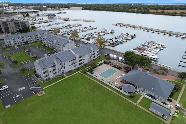 aerial view featuring a water view